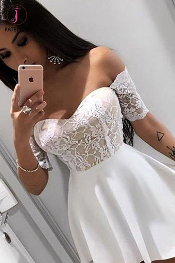 Kateprom Mini Off Shoulder Short Sleeves Homecoming Dress with Lace, Short Cocktail Dress KPH0377