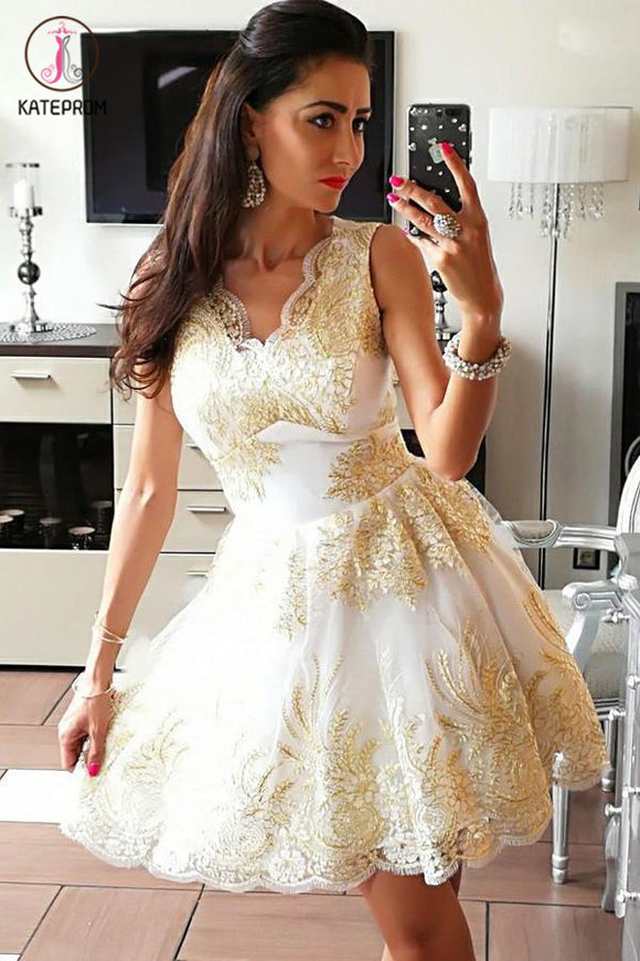 Kateprom A-Line Cute V-Neck Sleeveless Tulle Homecoming Dress with Appliques, Short Prom Gown KPH0383