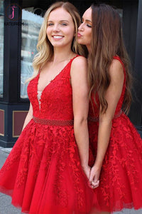 Kateprom Red Lace Appliqued Tulle Short Prom Dress with Beading Waist, V Neck Homecoming Dress KPH0384