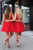 Kateprom Red Lace Appliqued Tulle Short Prom Dress with Beading Waist, V Neck Homecoming Dress KPH0384