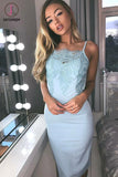 Kateprom Sheath Spaghetti Straps Light Blue Knee Length Party Dress, Lace Appliqued Prom Dress KPH0386