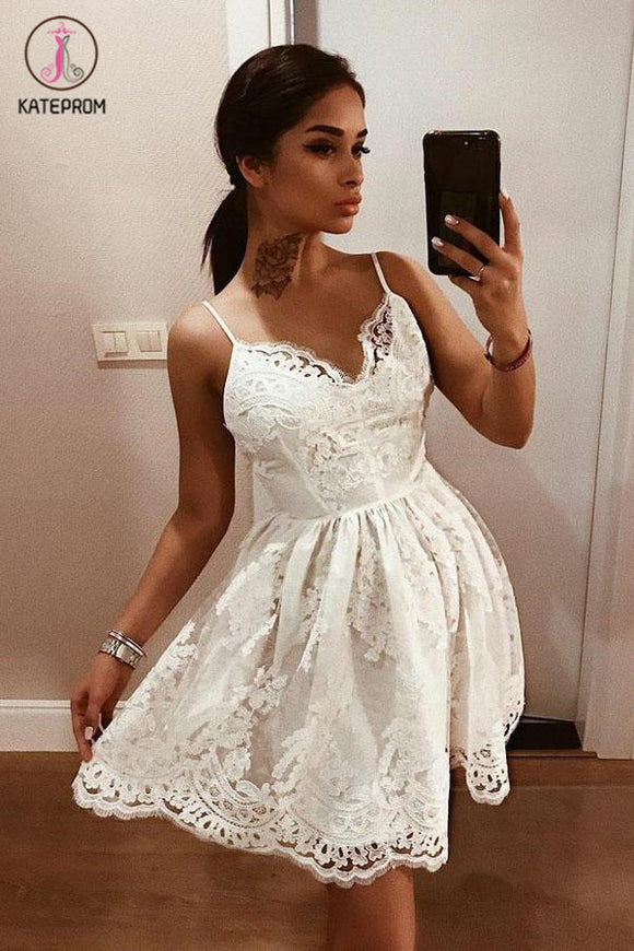Kateprom A-Line Spaghetti Straps Backless Ivory Lace Homecoming Dress with Appliques KPH0388
