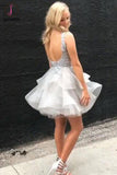 Kateprom Silver Gray V Neck Sleeveless Tulle Homecoming Dress, Mini Tiered Prom Dress with Appliques KPH0389