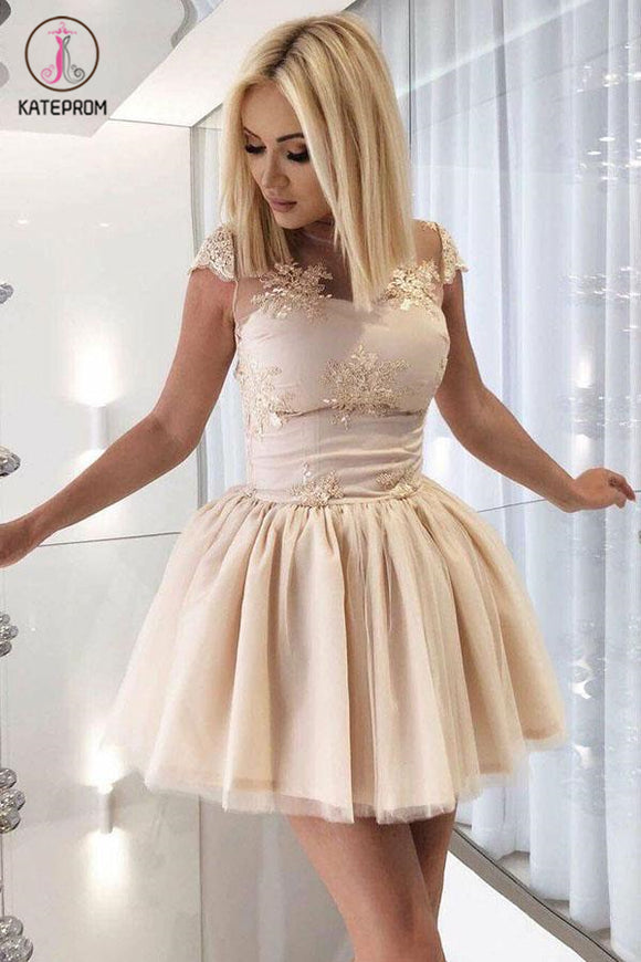 Kateprom A-Line Sheer Neck Cap Sleeves Open Back Short Homecoming Dress with Appliques KPH0392