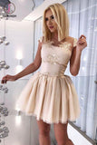 Kateprom A-Line Sheer Neck Cap Sleeves Open Back Short Homecoming Dress with Appliques KPH0392