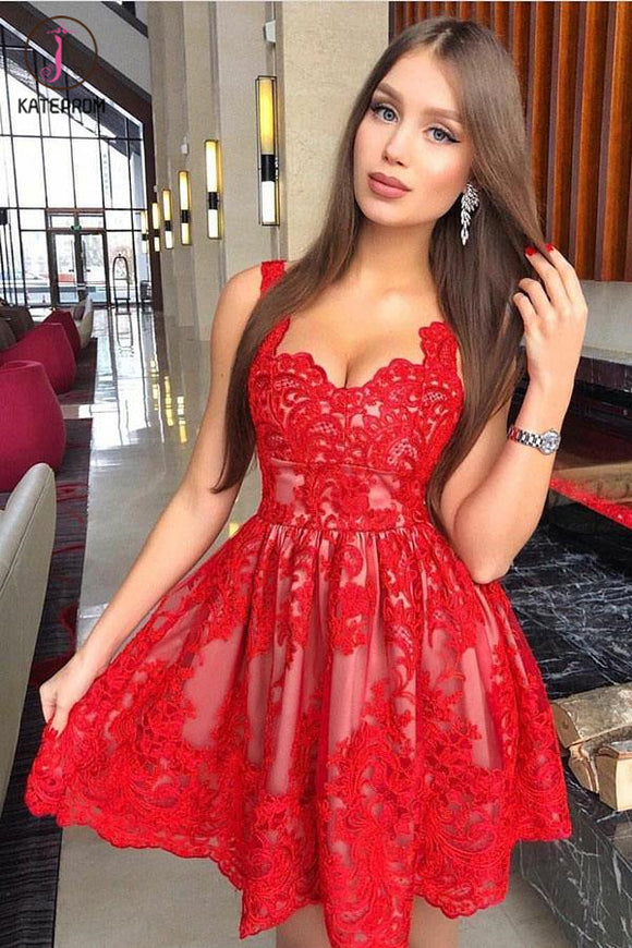 Kateprom Red A-Line Straps Short Homecoming Dress with Appliques, Short Appliqued Prom Dress KPH0393