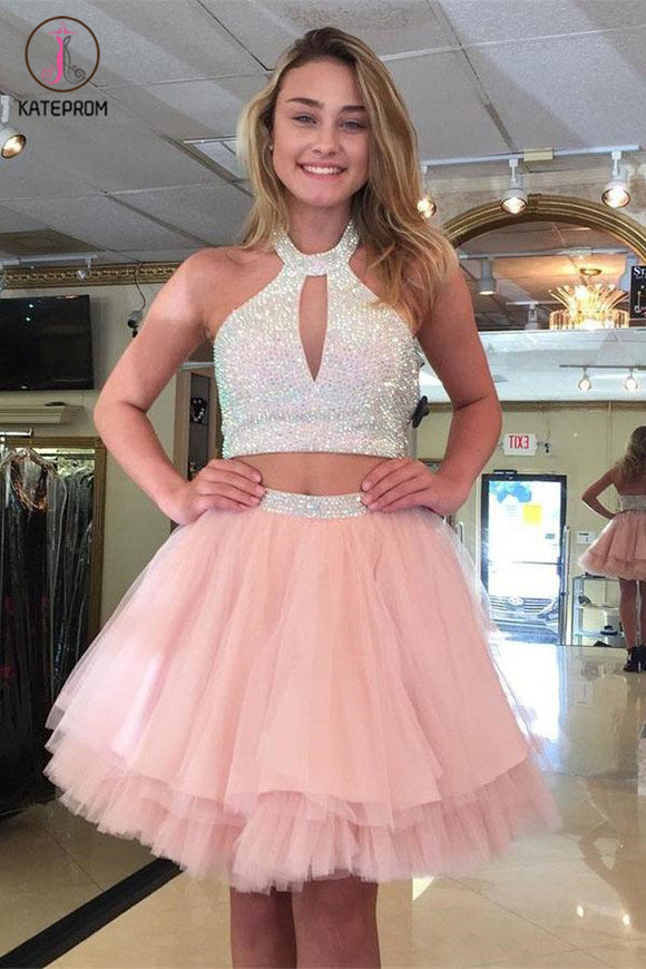 Kateprom Two Piece Halter Above-Knee Pink Tiered Tulle Homecoming Dress with Beading KPH0397