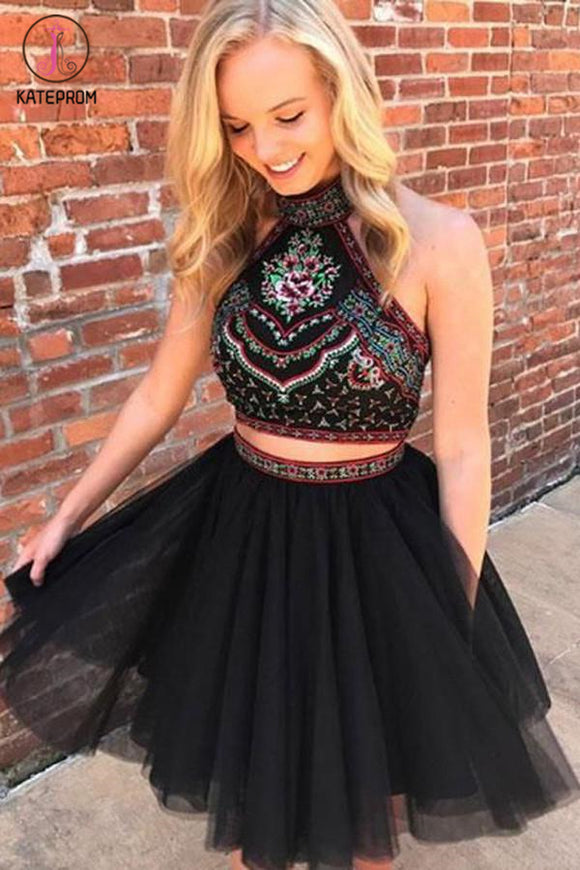 Kateprom Two Piece Halter Backless Above-Knee Black Tulle Homecoming Dress with Embroidery KPH0398