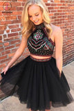 Kateprom Two Piece Halter Backless Above-Knee Black Tulle Homecoming Dress with Embroidery KPH0398