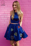 Kateprom Royal Blue Two Piece Satin Short Prom Dress with Pockets, Short Cocktail Dresses KPH0400
