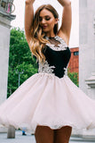 Kateprom A-Line Jewel Pearl Pink Chiffon Homecoming Dress with Lace, Mini Sweet 16 Dresses KPH0401