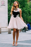 Kateprom A-Line Jewel Pearl Pink Chiffon Homecoming Dress with Lace, Mini Sweet 16 Dresses KPH0401