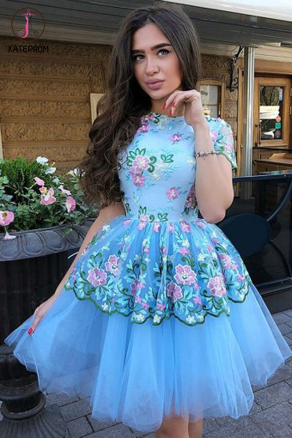Kateprom A-Line Jewel Short Sleeves Blue Tulle Above Knee Homecoming Dress with Lace Flowers KPH0405