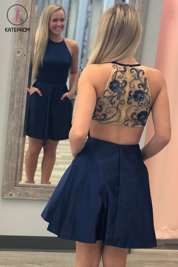 Kateprom Navy Blue Satin Homecoming Dress with Beads, Cheap Short Prom Dress with Pockets KPH0406