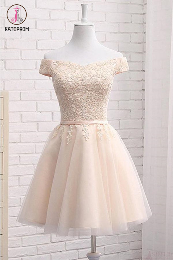 Kateprom A Line Off Shoulder Tulle Short Homecoming Dress with Appliques, Mini Sweet 16 Dress KPH0408