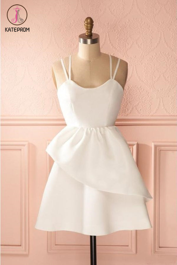 Kateprom Simple Ivory Spaghetti Strap Satin Short Prom Dress, Cute Mini Homecoming Dresses KPH0409