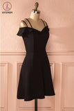 Kateprom Simple Strap Black Short Satin Graduation Dresses, A Line Ruched Homecoming Dress KPH0412