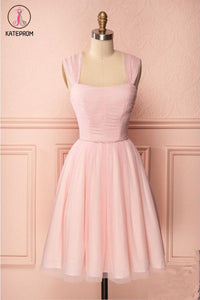Kateprom Pink Vintage Straps Tulle Knee Length Homecoming Dress, Straps Graduation Dresses KPH0414