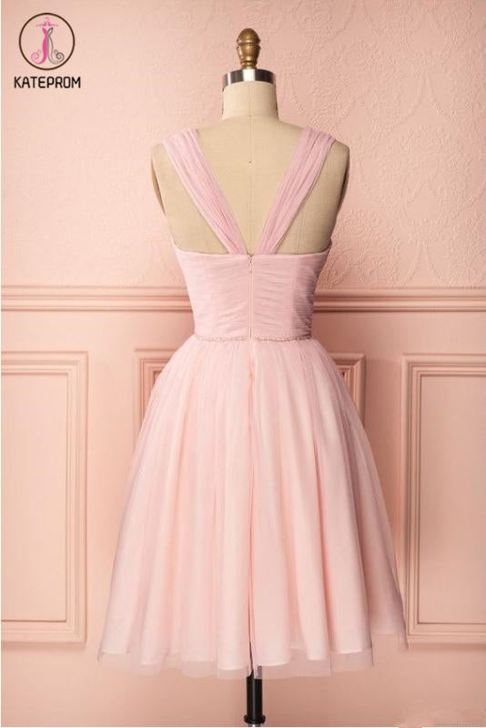 Kateprom Pink Vintage Straps Tulle Knee Length Homecoming Dress, Strap –  kateprom