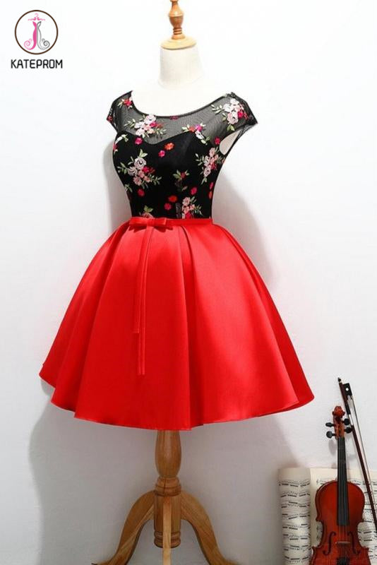 Kateprom Black and Red Satin Homecoming Party Dresses with Applique, A Line Short Prom Dress KPH0415