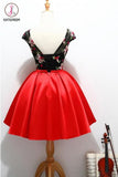 Kateprom Black and Red Satin Homecoming Party Dresses with Applique, A Line Short Prom Dress KPH0415