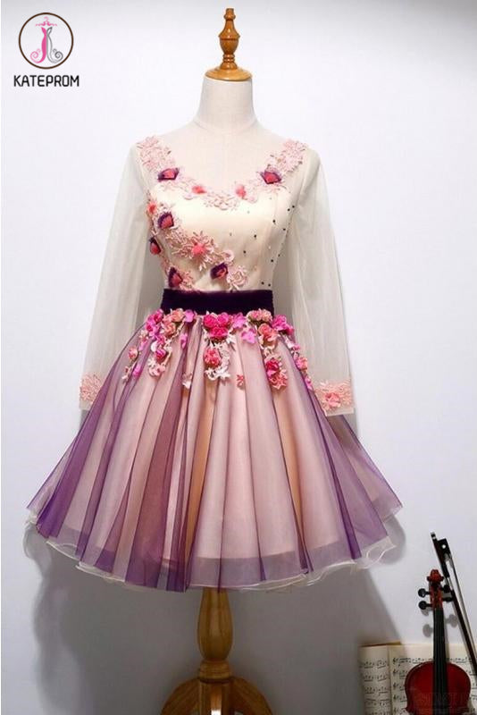 Kateprom A Line Long Sleeves Tulle Short Homecoming Dresses with Appliques and Flowers KPH0416