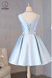 Kateprom Cheap Light Blue Sleeveless Satin Short Prom Dress with Appliques, Homecoming Dress KPH0418