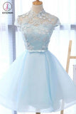 Kateprom A Line High Neck Cap Sleeves Organza Homecoming Dresses with Bowknot KPH0419