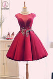 Kateprom Burgundy Satin Ruched Homecoming Dress, A Line Short Prom Dress with Appliques KPH0422