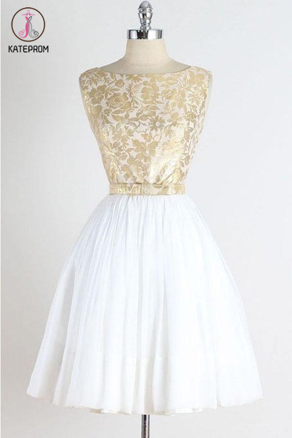 Kateprom A Line Vintage Sleeveless Gold Lace Short Homecoming Dress Tulle Party Dresses KPH0425