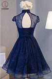 Kateprom A Line Cap Sleeve Lace Homecoming Dress, High Neck Knee Length Prom Dress KPH0430