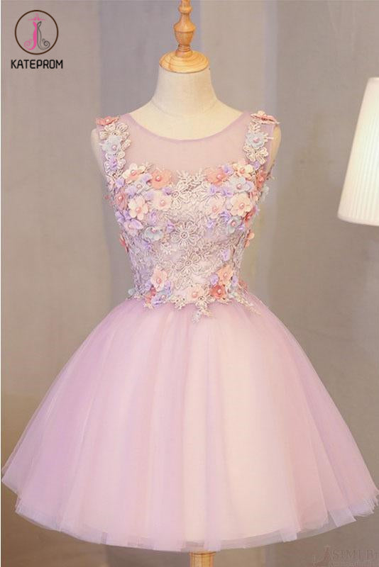 Kateprom A Line Pink Tulle Homecoming Dress with Flowers, Short Prom Dress with Beads KPH0431