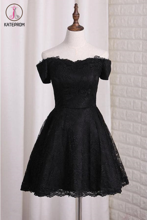 Kateprom Black Off Shoulder Lace Homecoming Dress, A Line Cheap Short Graduation Dresses KPH0433