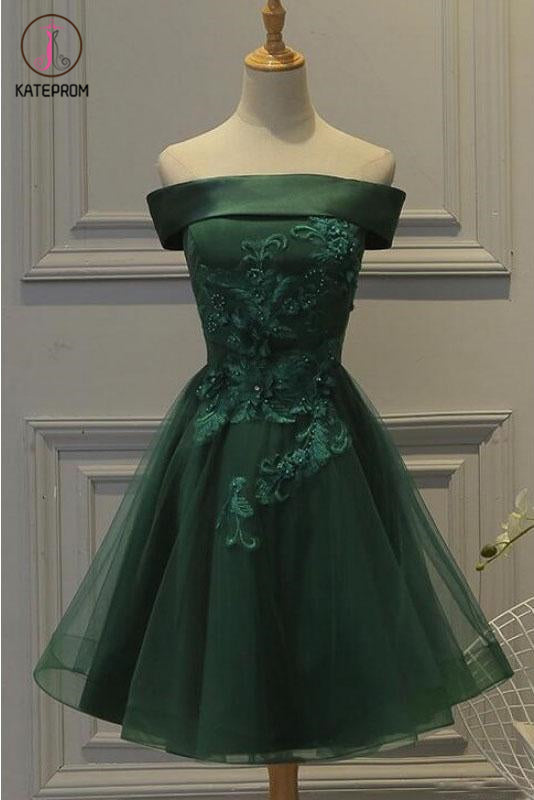 Kateprom Dark Green Off the Shoulder Tulle Homecoming Dress, A Line Appliqued Short Prom Dress KPH0437