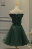 Kateprom Dark Green Off the Shoulder Tulle Homecoming Dress, A Line Appliqued Short Prom Dress KPH0437