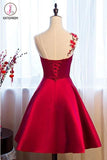 Kateprom Burgundy Sheer Neck Knee Length Sleeveless Satin Homecoming Dress with Belt KPH0438