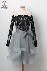 Kateprom Black Lace Homecoming Dress, Long Sleeve Tulle Short Graduation Dresses KPH0441