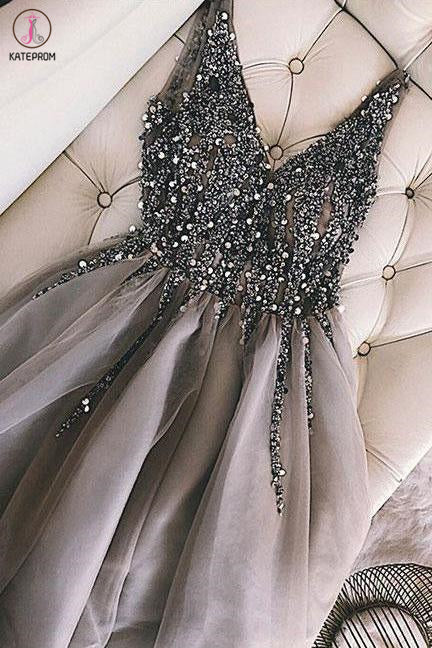 Kateprom Sparkle Sequined Homecoming Dress, A Line V Neck Tulle Short Prom Dresses KPH0443