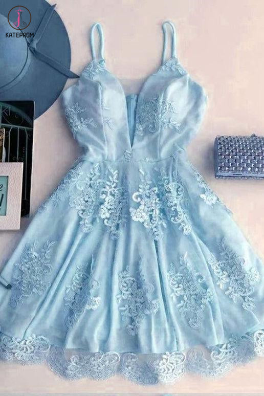Kateprom Light Blue Spaghetti Strap Lace Appliqued Short Homecoming Dresses, Sexy Mini Prom Dress KPH0445