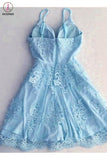 Kateprom Light Blue Spaghetti Strap Lace Appliqued Short Homecoming Dresses, Sexy Mini Prom Dress KPH0445