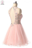 Kateprom Pink Jewel Tulle Homecoming Dresses with Open Back, Beading Sleeveless Short Prom Dress KPH0446