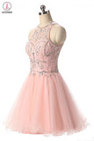 Kateprom Pink Jewel Tulle Homecoming Dresses with Open Back, Beading Sleeveless Short Prom Dress KPH0446