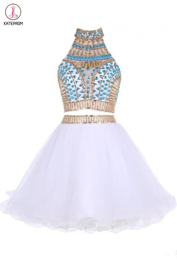 Kateprom Two Piece Jewel Tulle Homecoming Dress with Beads, White Short Mini Prom Dress KPH0448