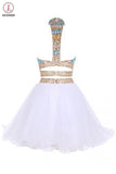 Kateprom Two Piece Jewel Tulle Homecoming Dress with Beads, White Short Mini Prom Dress KPH0448