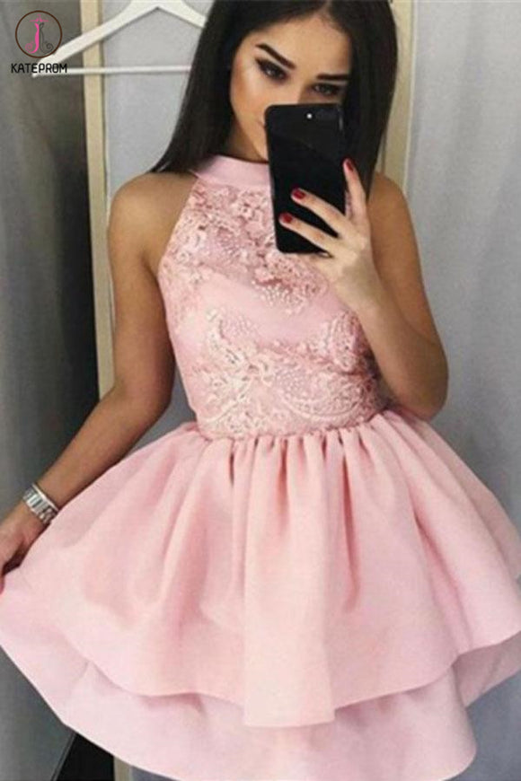 Kateprom Pink Sleeveless A Line Mini Prom Dress, Two Layers Appliques Satin Homecoming Dress KPH0449