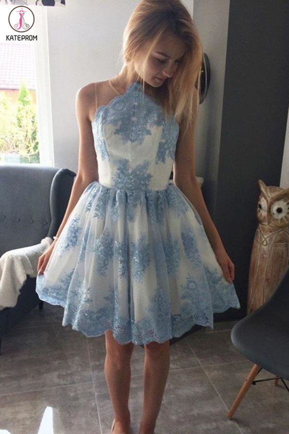 Kateprom Blue Lace Appliqued Mini Homecoming Dress, A Line Sleeveless Tulle Short Prom Dress KPH0451