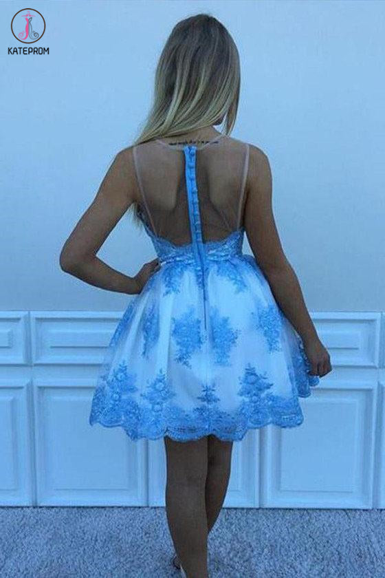 Kateprom Blue Lace Appliqued Mini Homecoming Dress, A Line Sleeveless   kateprom