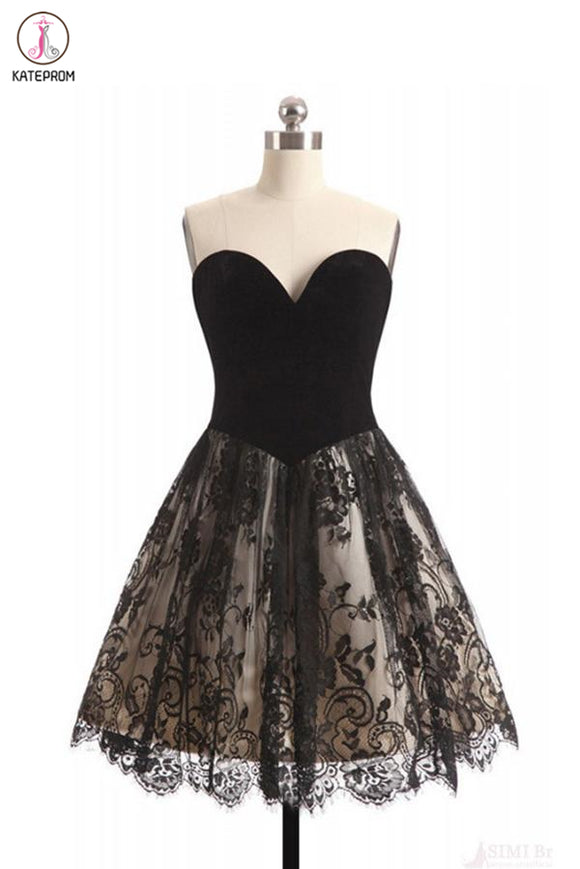 Kateprom A Line Sweetheart Lace Homecoming Dress, Black Short Strapless Prom Dresses KPH0452