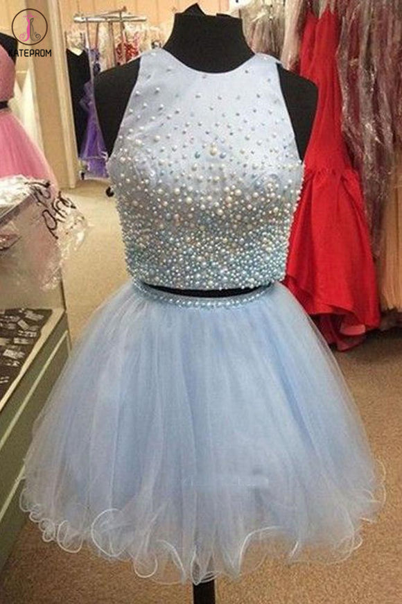 Kateprom Light Blue Two Piece Homecoming Dress with Beading, Cute Tulle Short Party Dress KPH0454