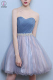 Kateprom Princess Steel Blue Sweetheart Tulle Short Homecoming Dress, Cute Prom Dress with Beads KPH0456
